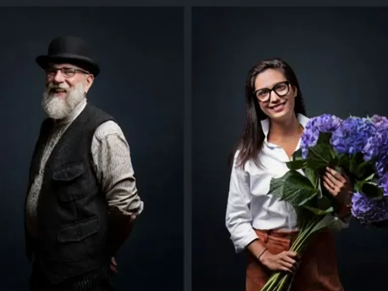 Genusshelden: zwei Studioporträts vor dunklem Hintergrund, ein Produzent mit Hut und eine Floristin mit Hortensien.