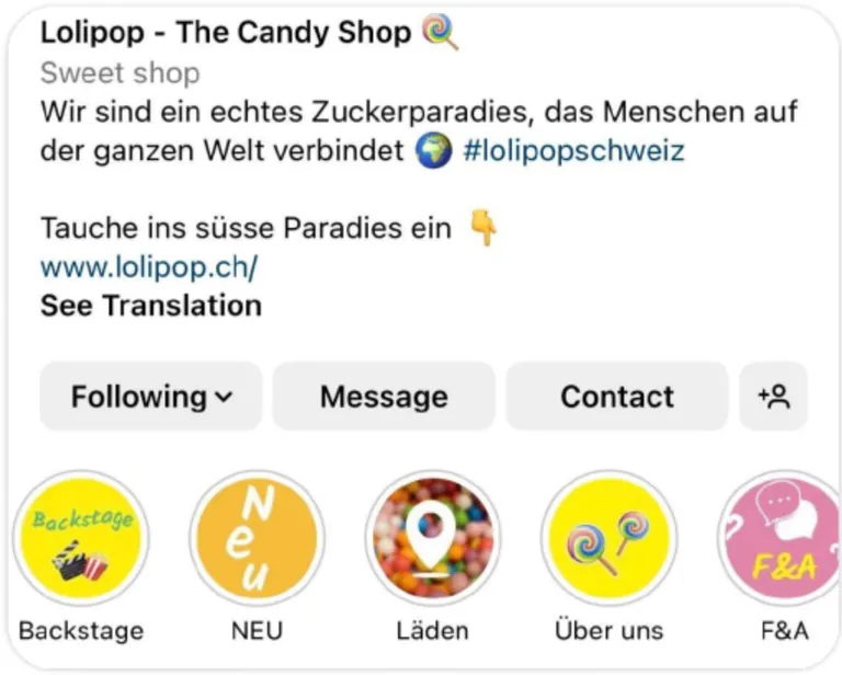 Instagram-Profilkopf von Lolipop nach der Überarbeitung, klare Positionierung und aufgeräumte Highlights.