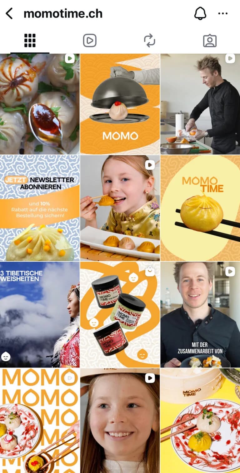 Instagram-Feed von MomoTime nach der Überarbeitung, abgestimmte Bildsprache und klares Raster.