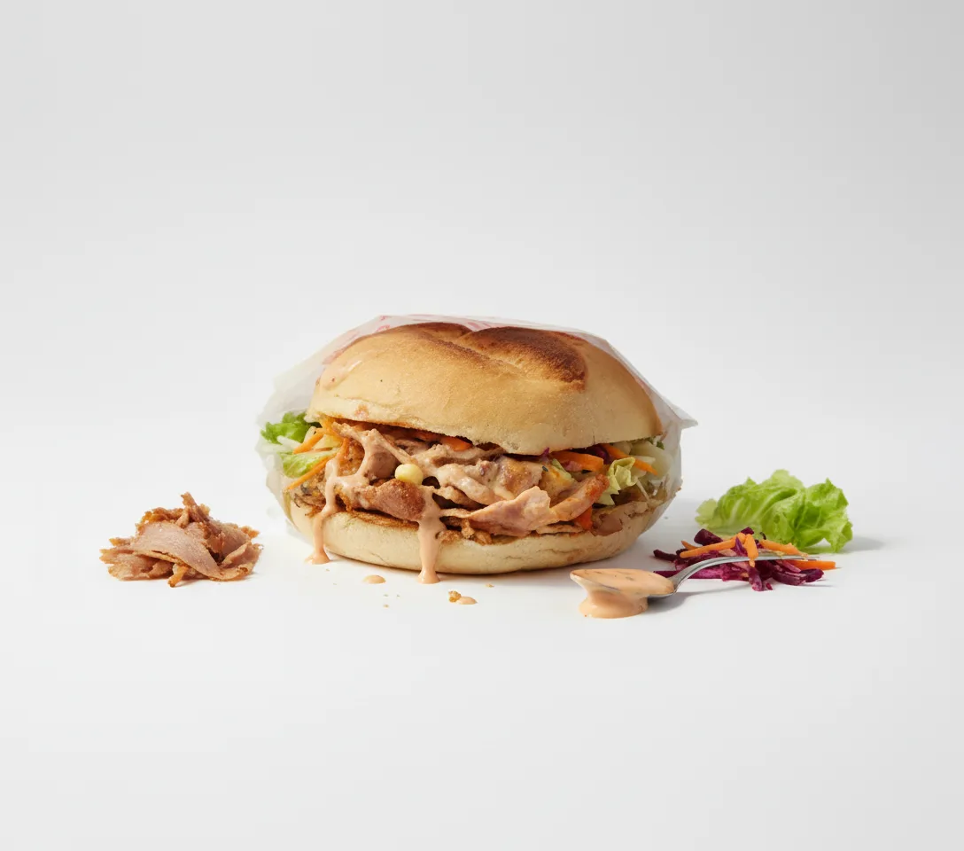 AI-optimiertes Produktfoto: Döner im Brötchen mit Salat und Sauce vor hellgrauem Hintergrund.