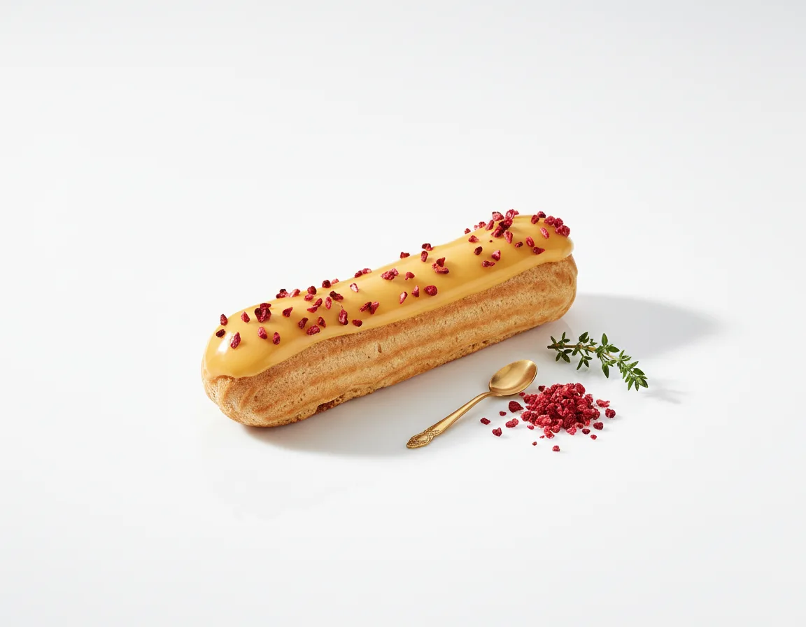 AI-optimiertes Produktfoto: Éclair mit heller Glasur und Himbeerstreuseln, Goldlöffel daneben.
