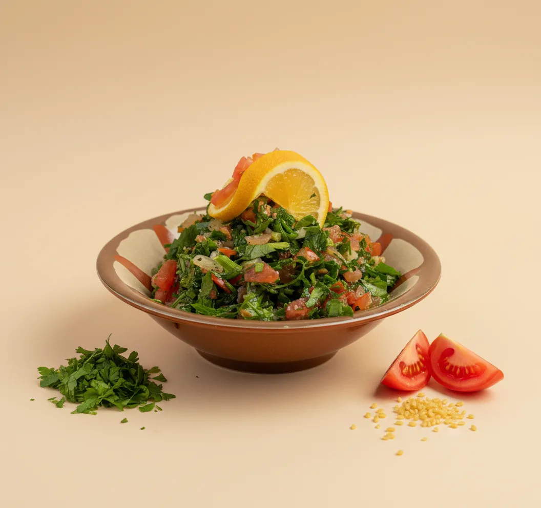 AI-optimiertes Produktfoto: Schale Tabbouleh mit Zitronenscheibe vor sandfarbenem Hintergrund.