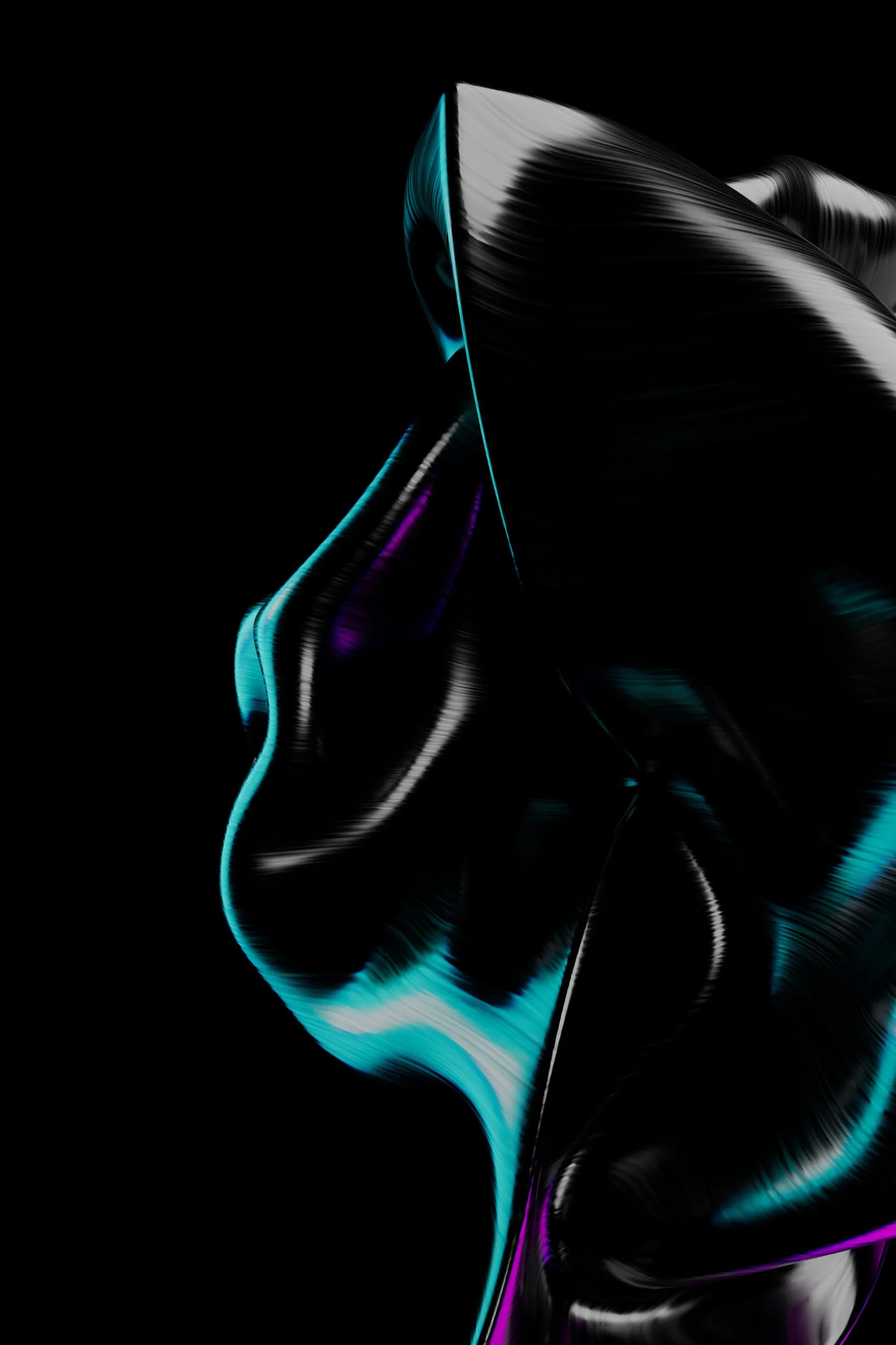 Abstrakte, digital erzeugte Skulptur mit türkisen und violetten Neonkanten auf Schwarz.
